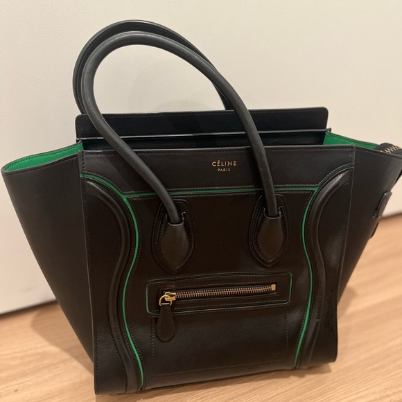 Celine Handbags - Celine mini luggage black bag with green trim, used in good condition